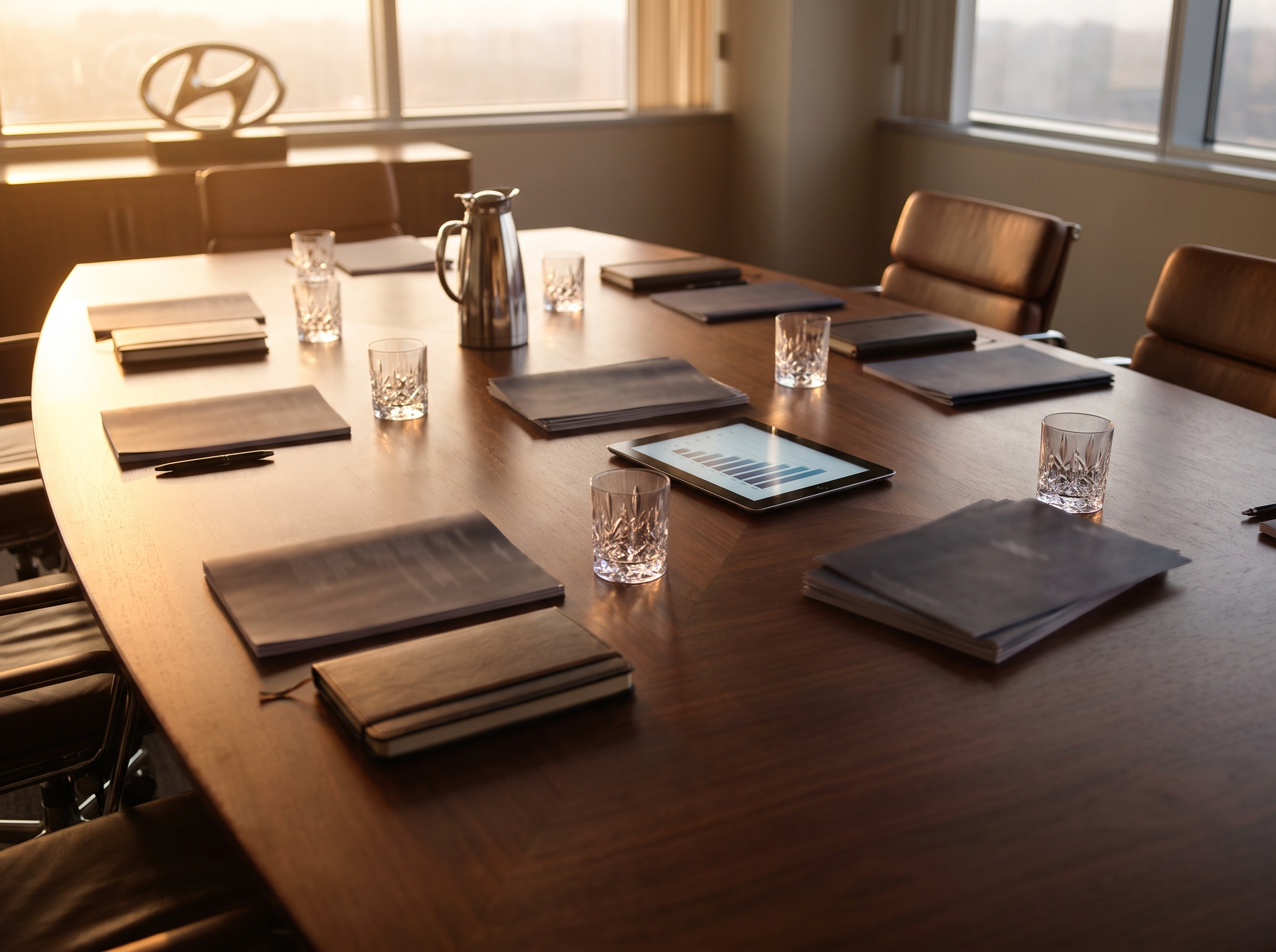 Boardroom table with documents, glasses, and a tablet — HK FENTRIX consulting engagements.