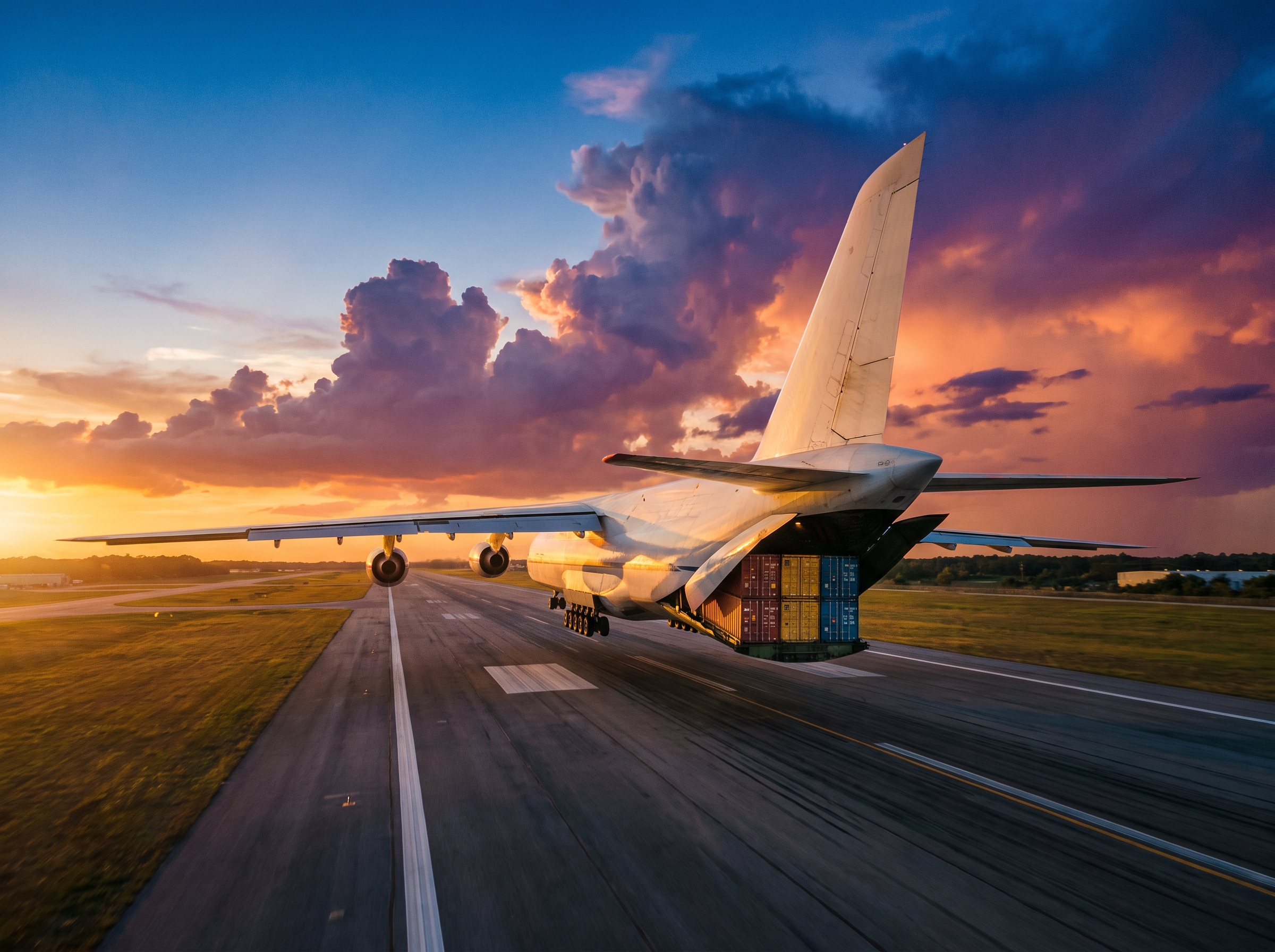 Cargo plane loaded with containers taking off at sunset — HK FENTRIX import/export operations.